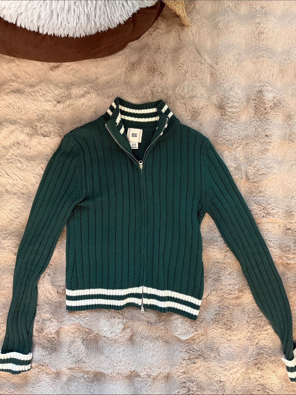 BDG Forest Green Ribbed Zip-Up Sweater with White Stripe Trim